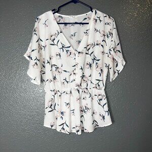 Sienna Sky Floral Peplum Blouse Large White Pink V-Neck Short Sleeve